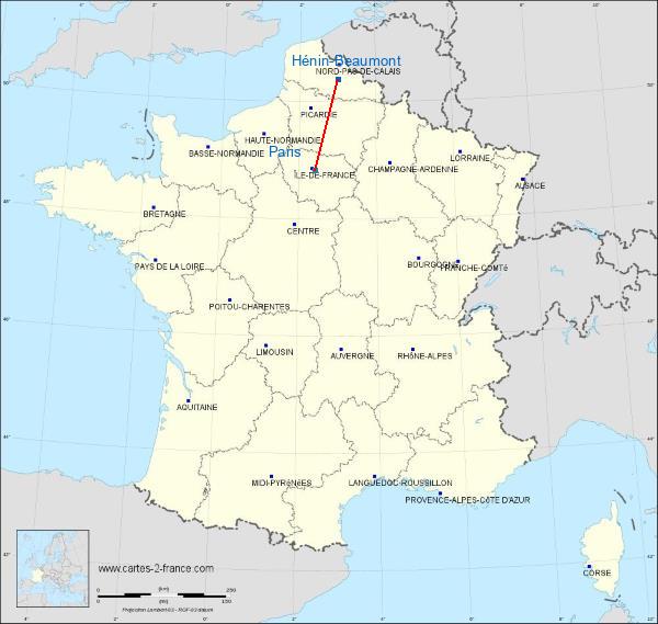 Distance Hénin-Beaumont Paris sur la carte de France