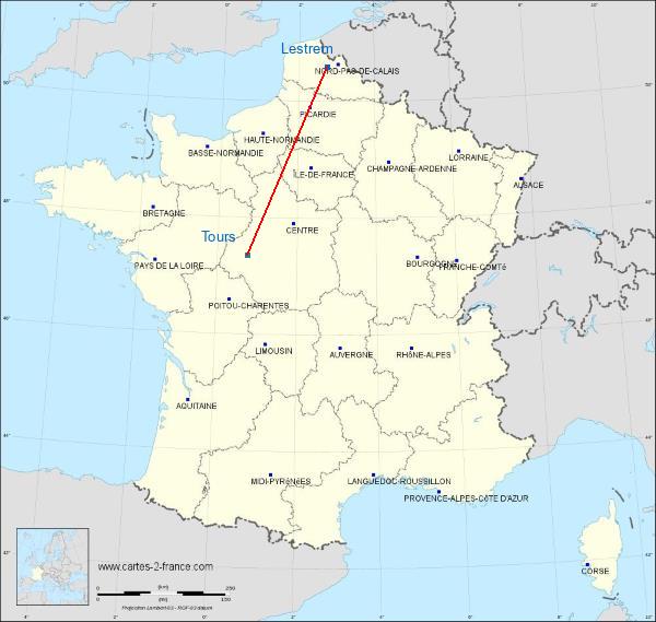 Distance Merville–Calonne Airport Tours sur la carte de France