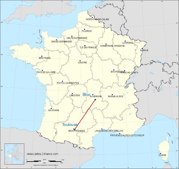 Distance Issoire-Le Broc Toulouse sur la carte de France