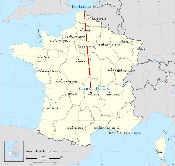 Distance Clermont-Ferrand Dunkerque sur la carte de France
