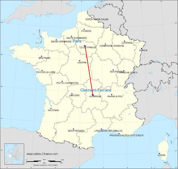 Distance Clermont-Ferrand Paris sur la carte de France