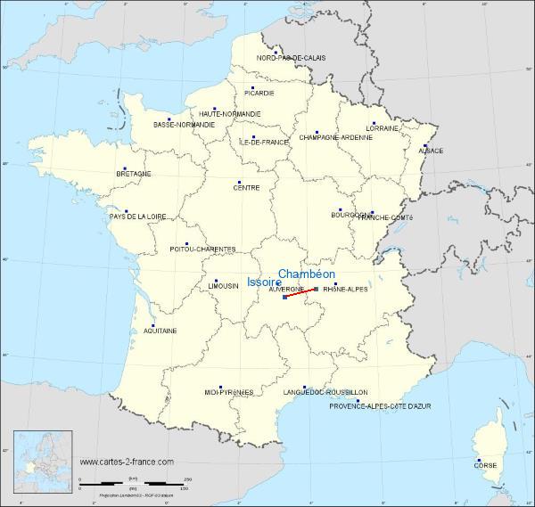 Distance Issoire Feurs-Chambéon sur la carte de France