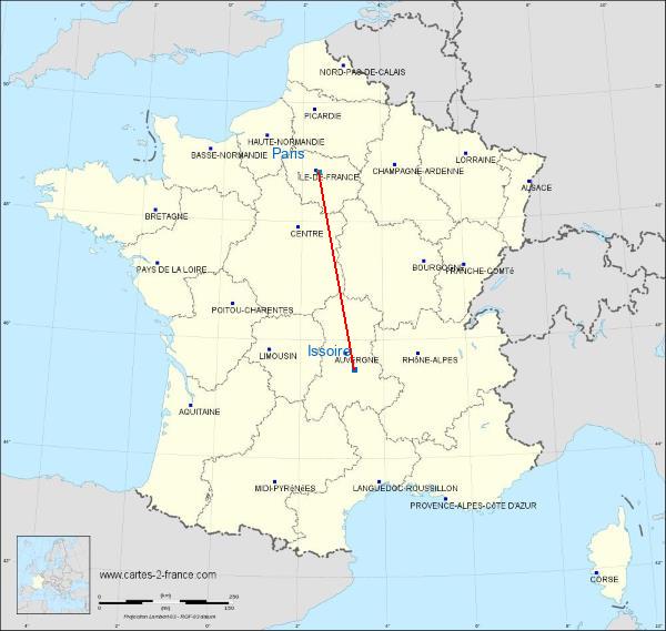 Distance Issoire Paris sur la carte de France