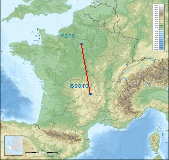 Distance entre de Issoire et Paris sur la carte de France
