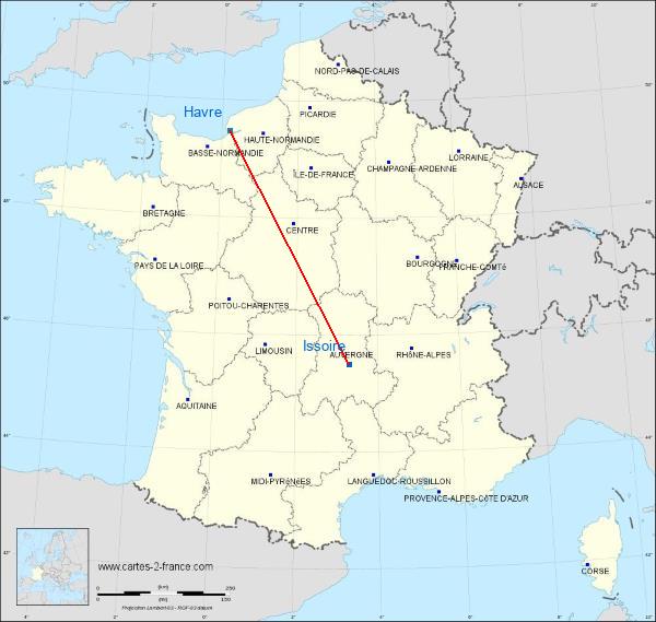 Distance Issoire Le Havre sur la carte de France