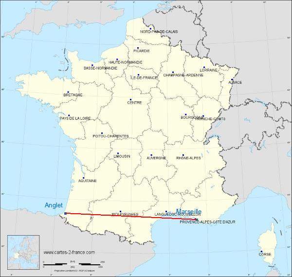 Distance Anglet Marseille sur la carte de France