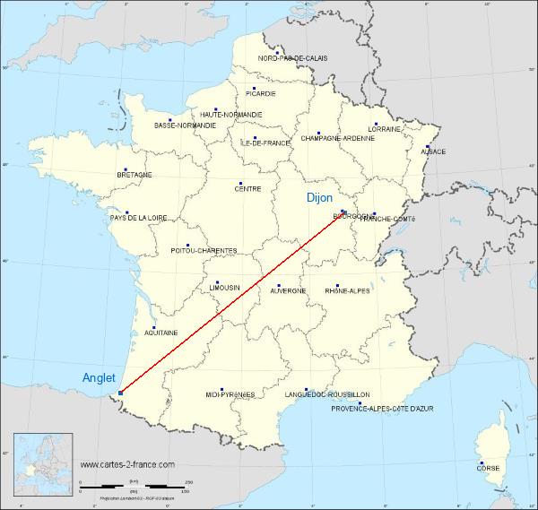 Distance Anglet Dijon sur la carte de France