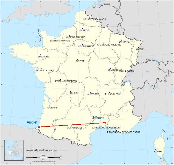 Distance Anglet Nîmes sur la carte de France