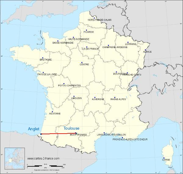 Distance Anglet Toulouse sur la carte de France