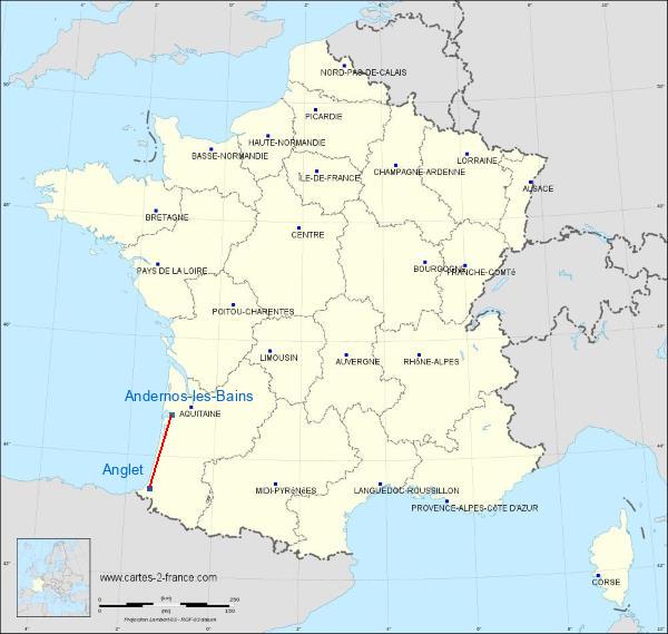 Distance Anglet Andernos-les-Bains sur la carte de France