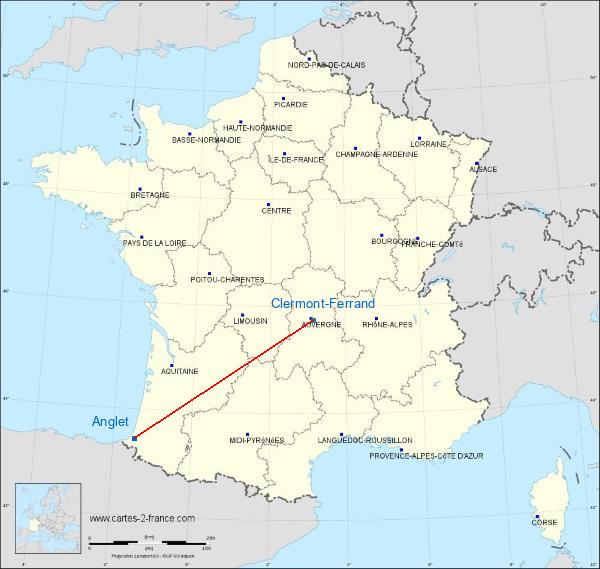 Distance Biarritz Pays Basque Airport Clermont-Ferrand sur la carte de France