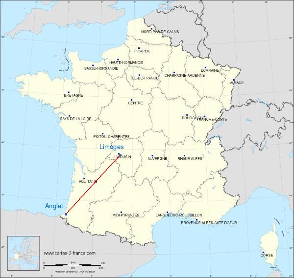 Distance Anglet Limoges sur la carte de France