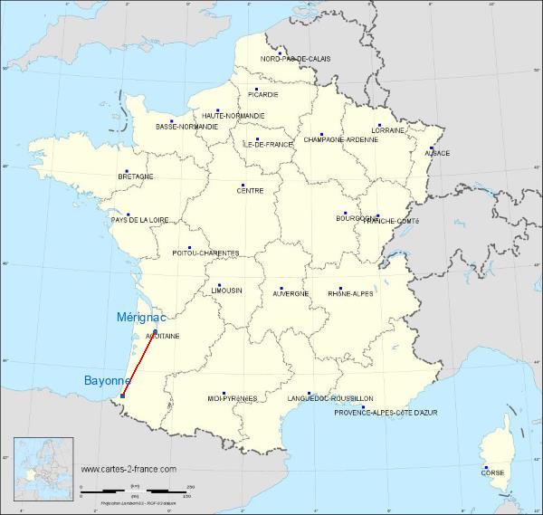 Distance Bayonne Bordeaux–Mérignac Airport sur la carte de France