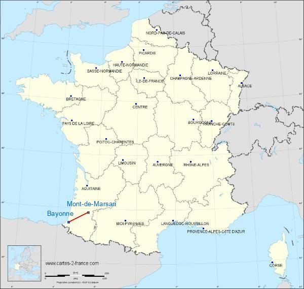 Distance Bayonne Mont-de-Marsan sur la carte de France