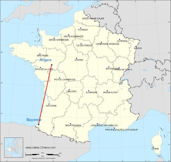 Distance Bayonne Angers sur la carte de France
