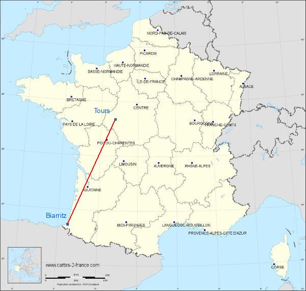Distance Biarritz Tours sur la carte de France