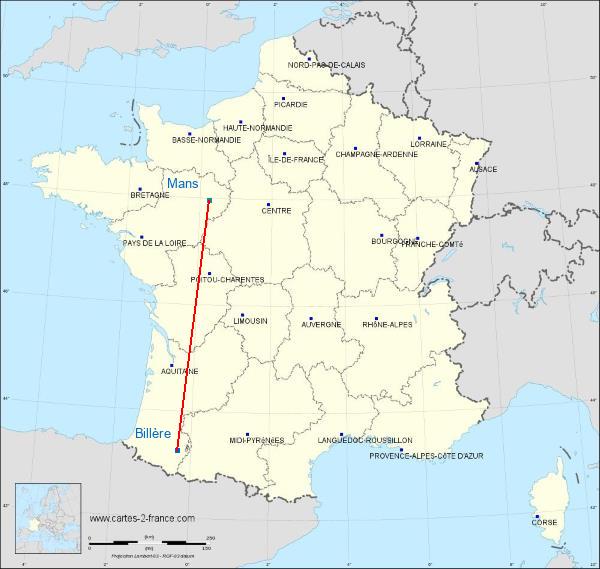 Distance Billère Le Mans sur la carte de France