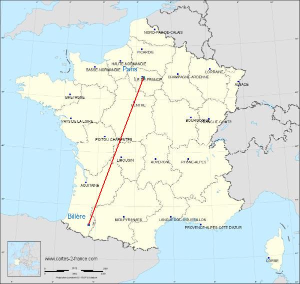 Distance Billère Paris sur la carte de France