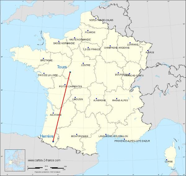 Distance Oloron-Herrère Tours sur la carte de France