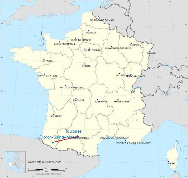 Distance Oloron-Sainte-Marie Toulouse sur la carte de France