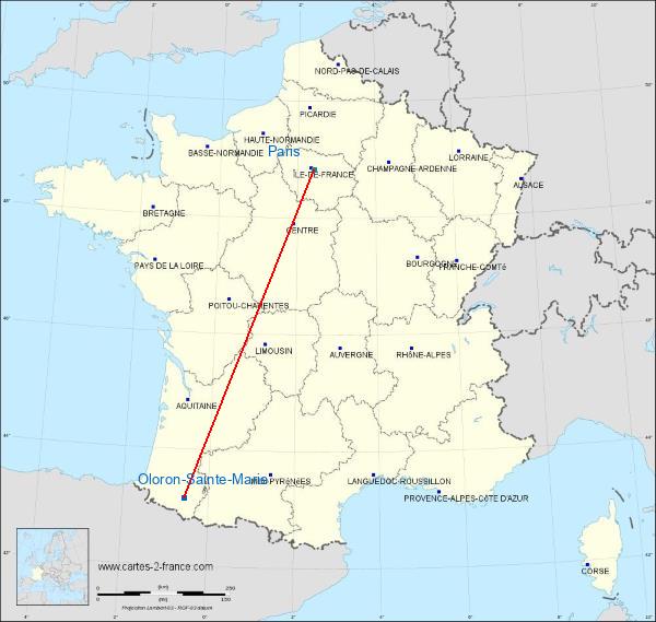Distance Oloron-Sainte-Marie Paris sur la carte de France