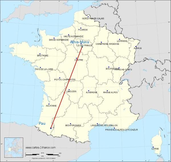 Distance Pau Athis-Mons sur la carte de France