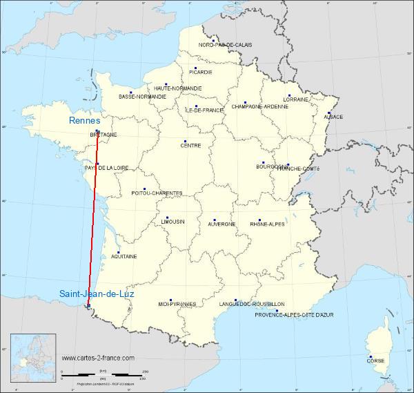 Distance Saint-Jean-de-Luz Rennes sur la carte de France
