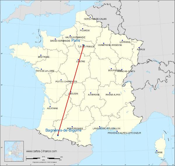 Distance Bagnères-de-Bigorre Paris sur la carte de France
