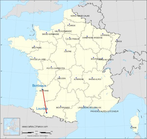 Distance Lourdes Bordeaux sur la carte de France