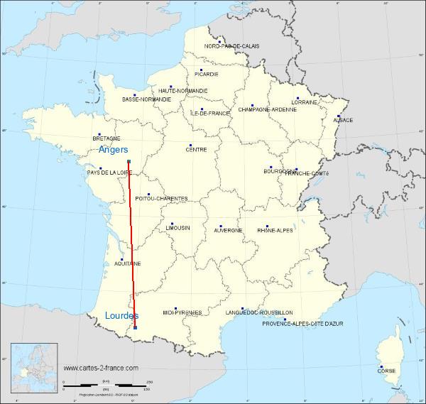 Distance Lourdes Angers sur la carte de France