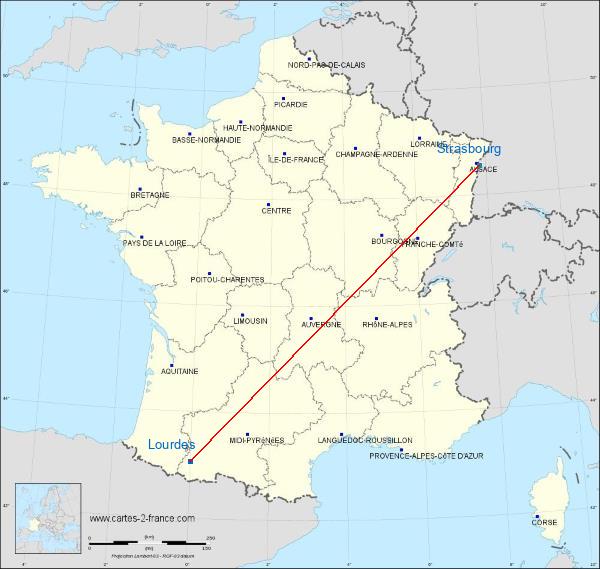 Distance Lourdes Strasbourg sur la carte de France
