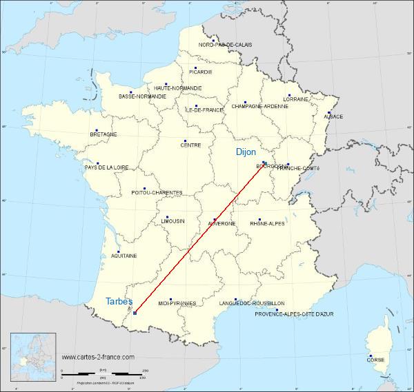 Distance Tarbes Dijon sur la carte de France