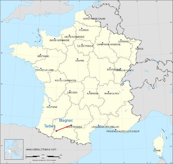Distance Tarbes Toulouse-Blagnac Airport sur la carte de France