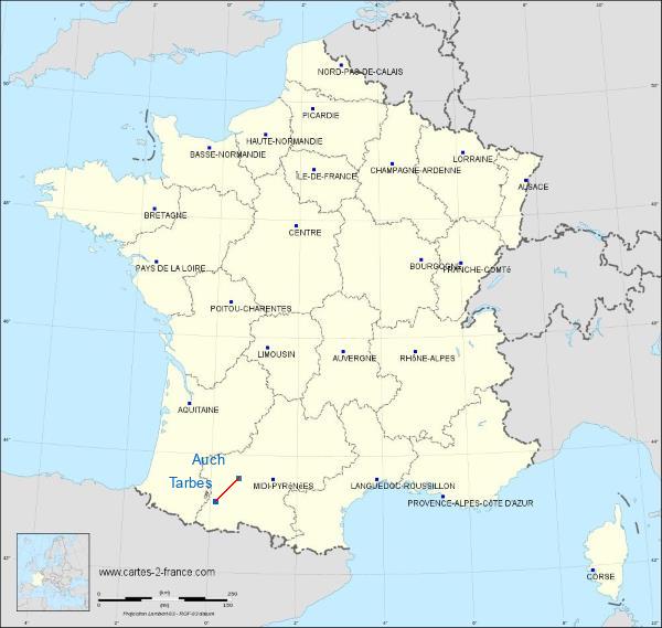 Distance Tarbes Auch sur la carte de France