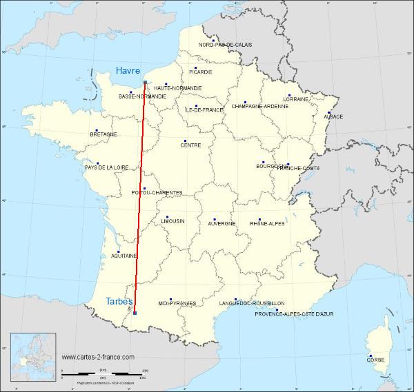 Distance Tarbes Le Havre sur la carte de France