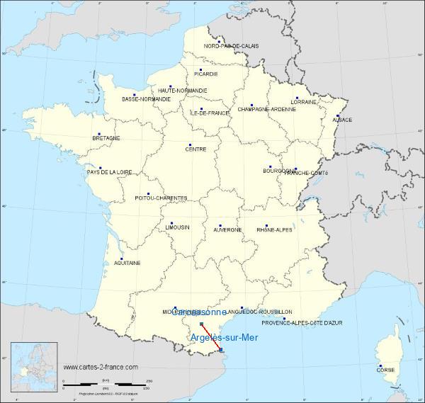 Distance Argelers Carcassonne-Salvaza sur la carte de France