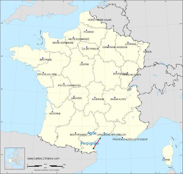 Distance Perpignan Agde sur la carte de France
