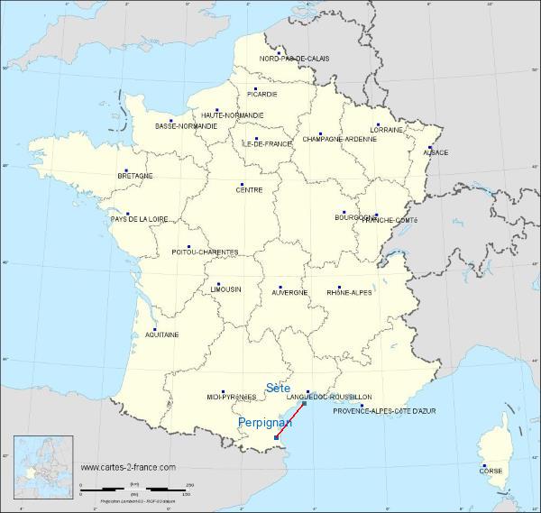 Distance Perpignan Sète sur la carte de France
