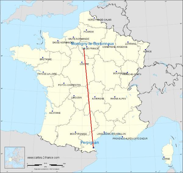 Distance Perpignan Saint-Quentin-en-Yvelines sur la carte de France