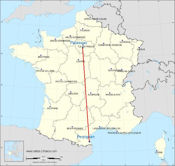 Distance Perpignan Palaiseau sur la carte de France
