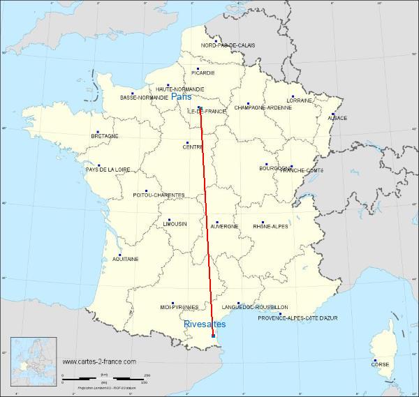 Distance Rivesaltes Paris sur la carte de France