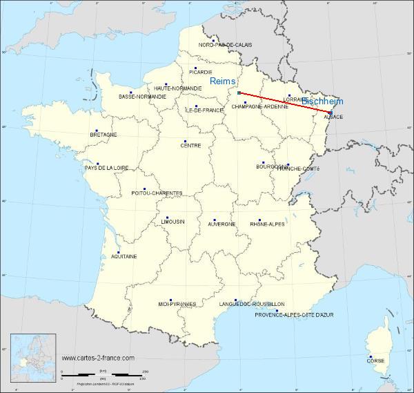 Distance Bischheim Reims sur la carte de France