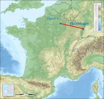 Distance entre de Bischheim et Reims sur la carte de France