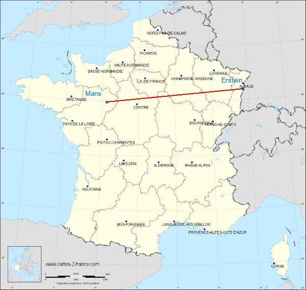 Distance Erstein Le Mans sur la carte de France