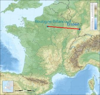Distance entre de Erstein et Boulogne-Billancourt sur la carte de France