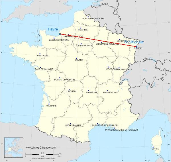 Distance Schiltigheim Le Havre sur la carte de France