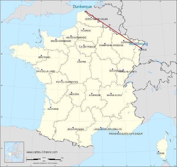 Distance Strasbourg Dunkerque sur la carte de France