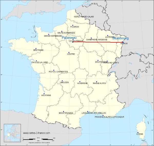 Distance Strasbourg Palaiseau sur la carte de France