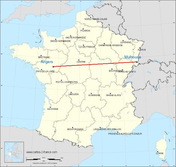 Distance Mulhouse Angers sur la carte de France