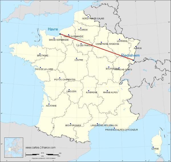 Distance Riedisheim Le Havre sur la carte de France